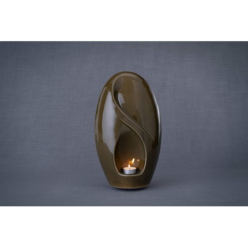 Ceramic (Adult Size) Memorial Candle Holder Cremation Ashes Urn – Eternal Light – Oleaginous Olive